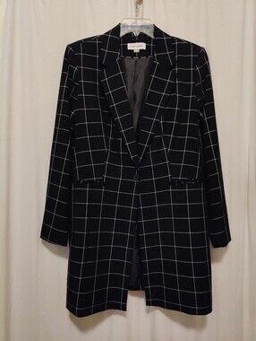 Calvin Klein Black White Window Pane Long Blazer, Size 16